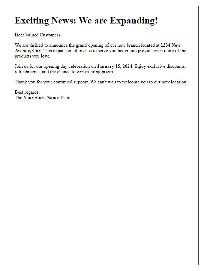 Letter template of store expansion news for new branch launch