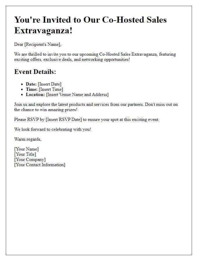 Letter template of co-hosted sales extravaganza invitation.