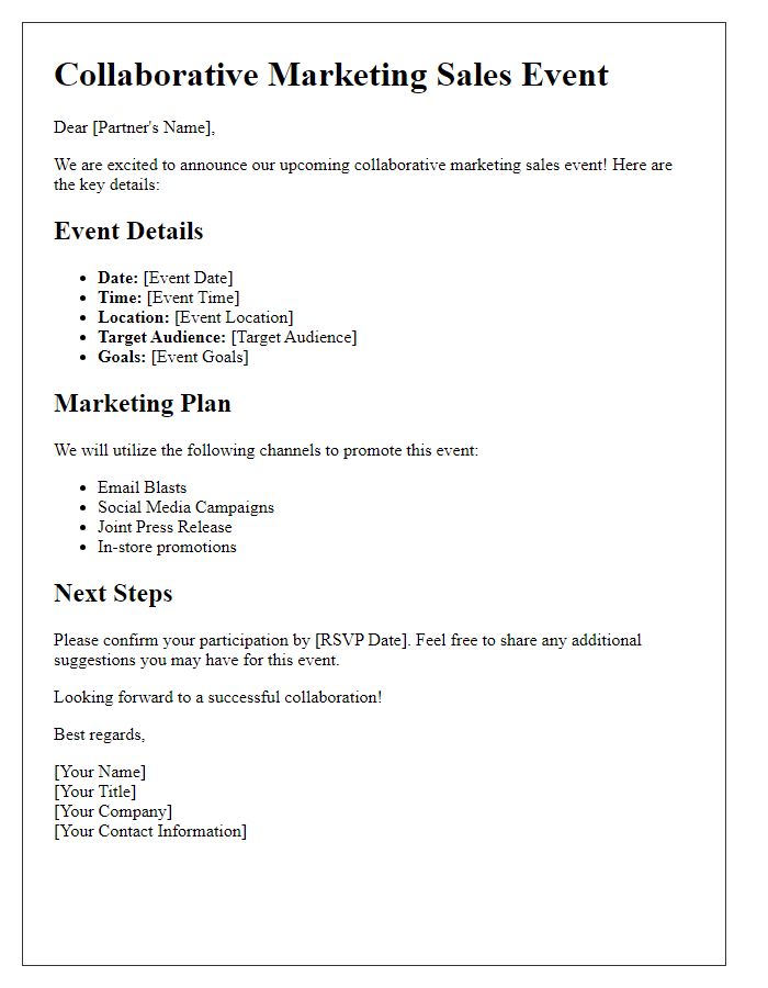 Letter template of collaborative marketing sales event details.