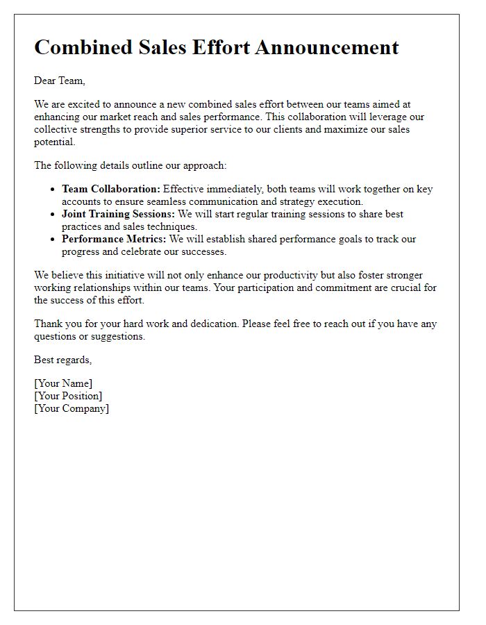 Letter template of combined sales effort announcement.