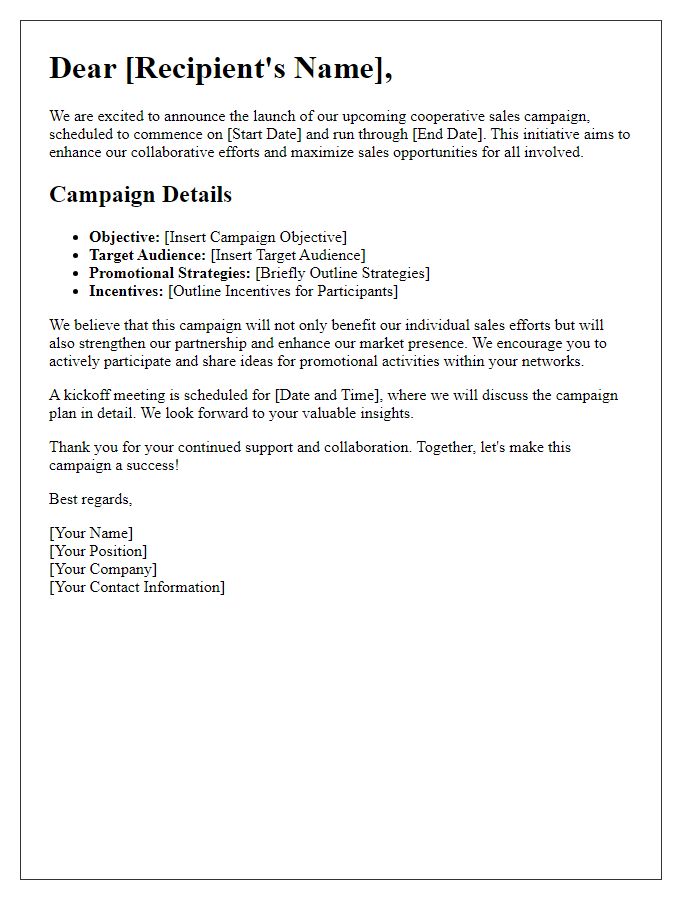 Letter template of cooperative sales campaign launch.