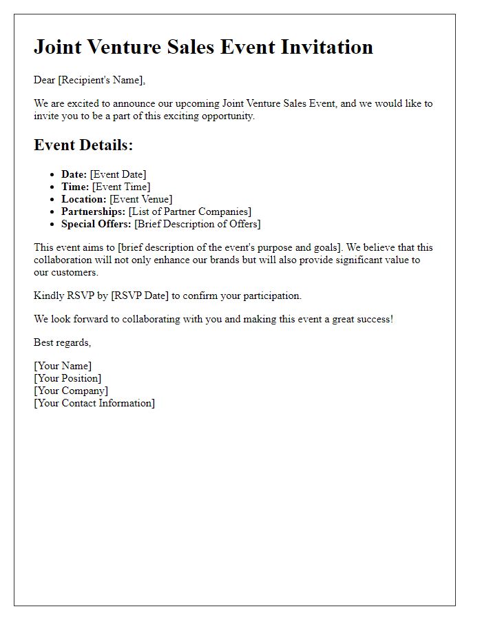 Letter template of joint venture sales event details.