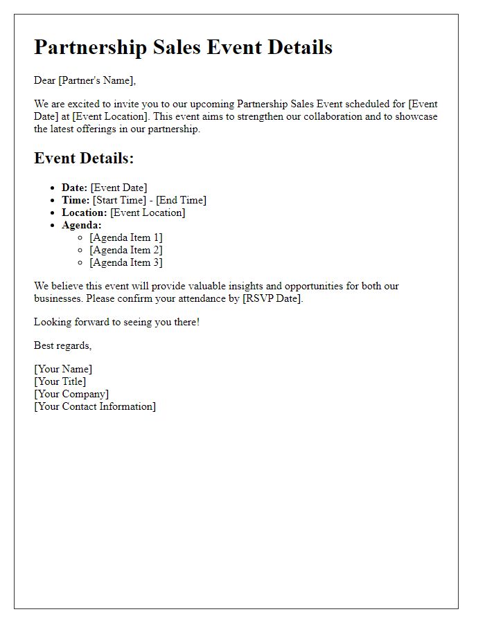 Letter template of partnership sales event details.