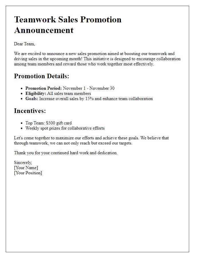 Letter template of teamwork sales promotion announcement.