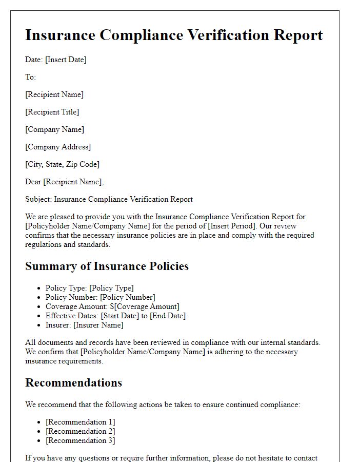 Letter template of insurance compliance verification report