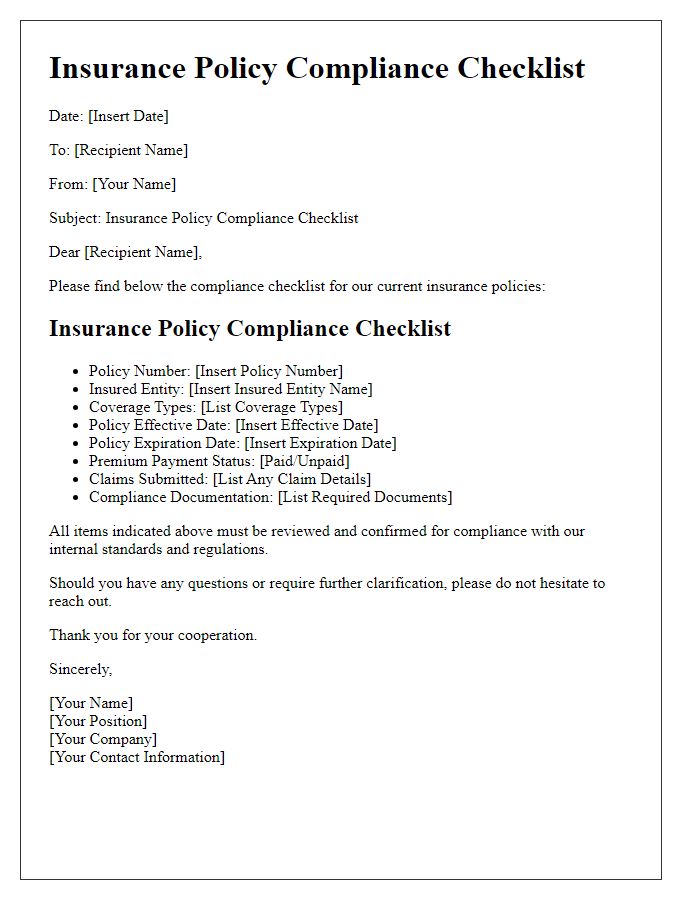 Letter template of insurance policy compliance checklist