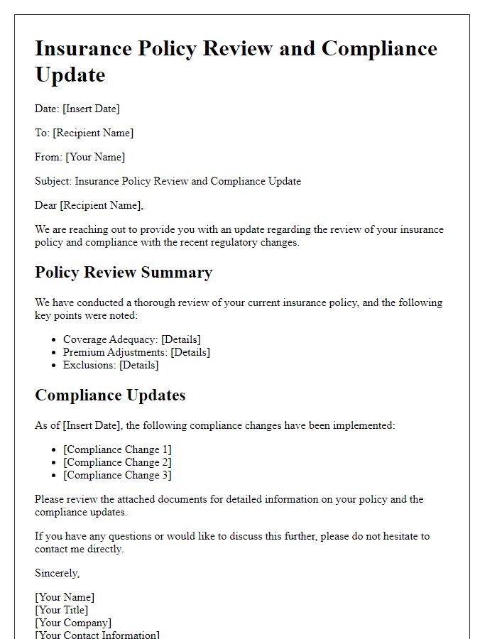 Letter template of insurance policy review and compliance update