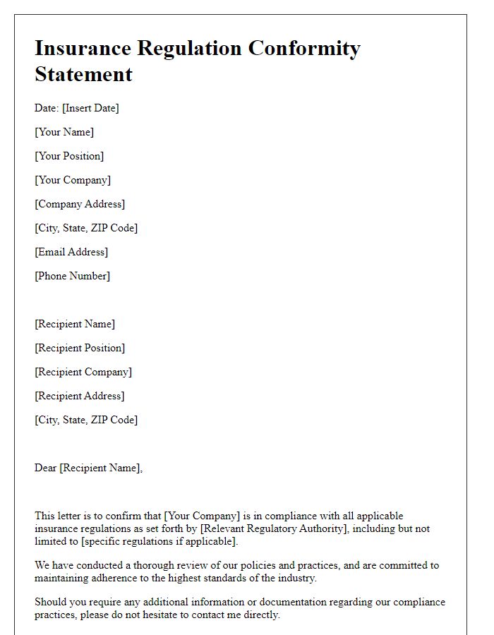 Letter template of insurance regulation conformity statement