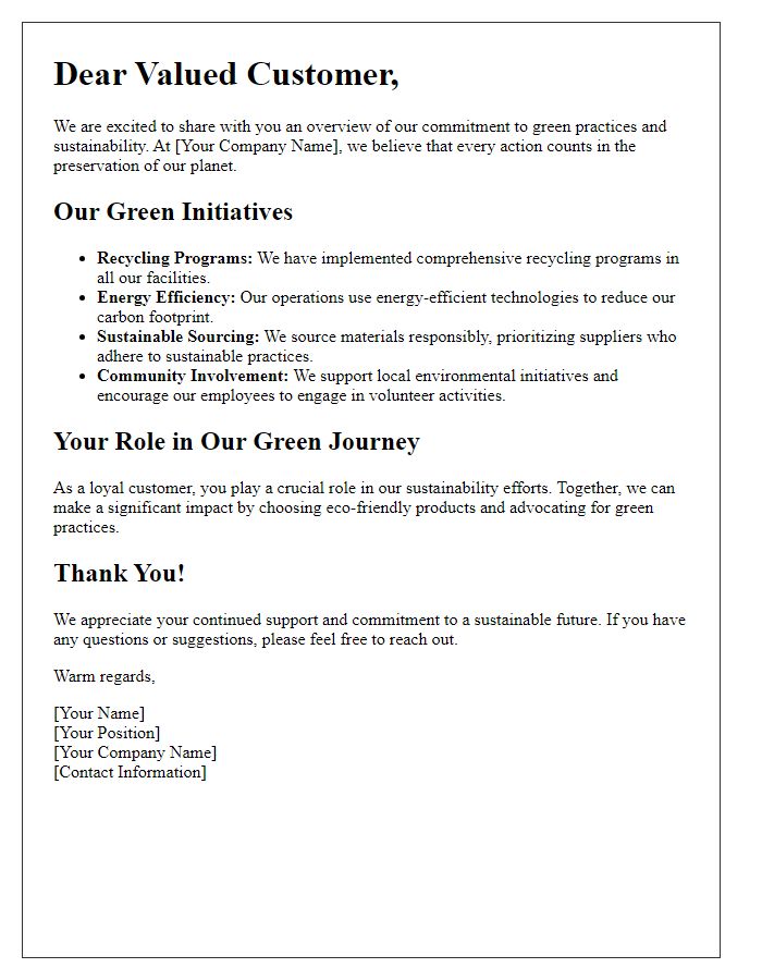 Letter template of Green Practices Overview for Loyal Customers