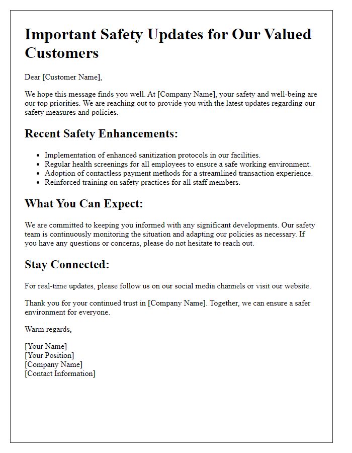 Letter template of comprehensive safety updates for customer communication.