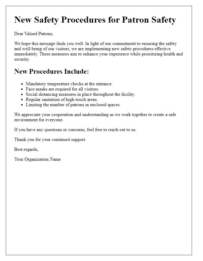 Letter template of new safety procedures for patron safety.