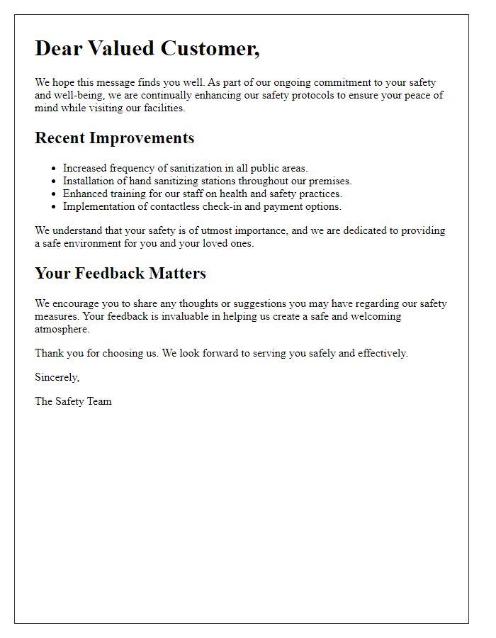 Letter template of ongoing safety protocol improvements for customer peace of mind.