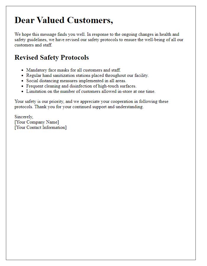 Letter template of revised safety protocols for our valued customers.