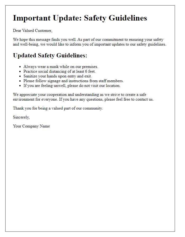 Letter template of safety guidelines update for customer awareness.