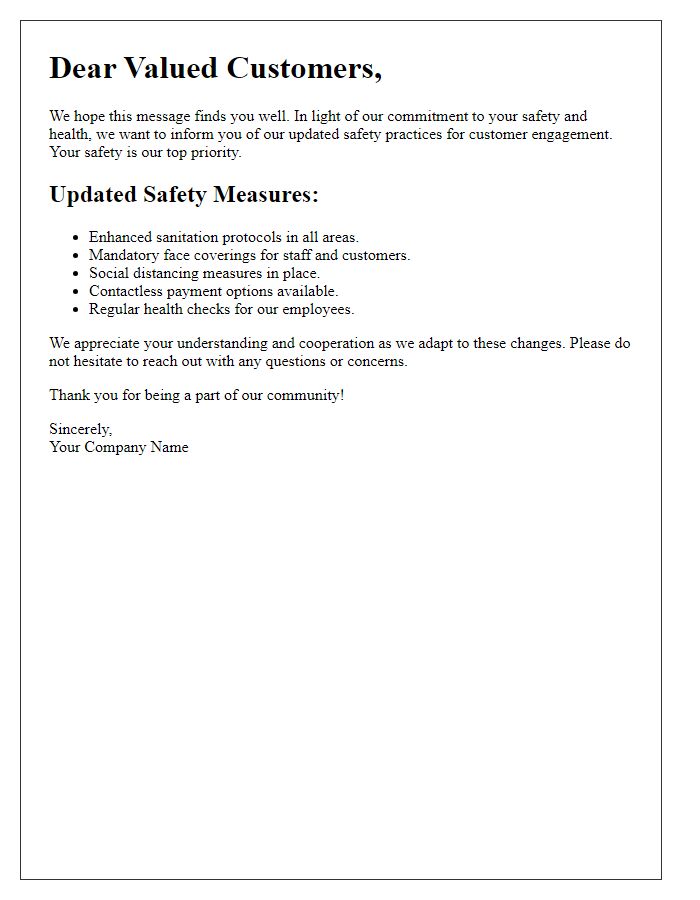 Letter template of updated safety practices for customer engagement.