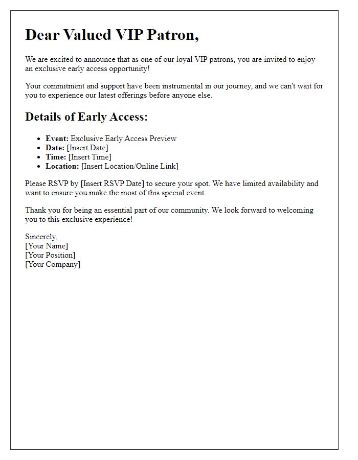 Letter template of early access invitation for loyal VIP patrons