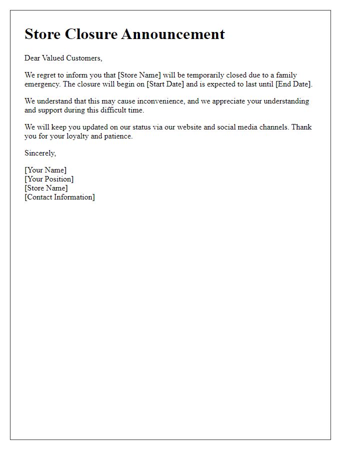 Letter template of store closure announcement for family emergencies