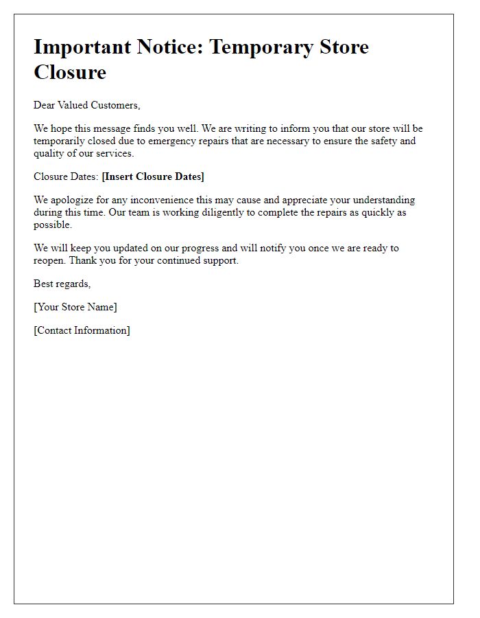 Letter template of store closure communication for emergency repairs