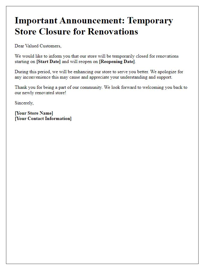 Letter template of temporary store closure announcement for renovations