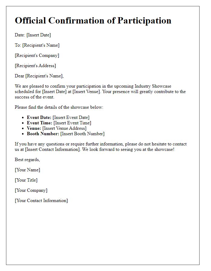 Letter template of official confirmation for participation in the industry showcase.