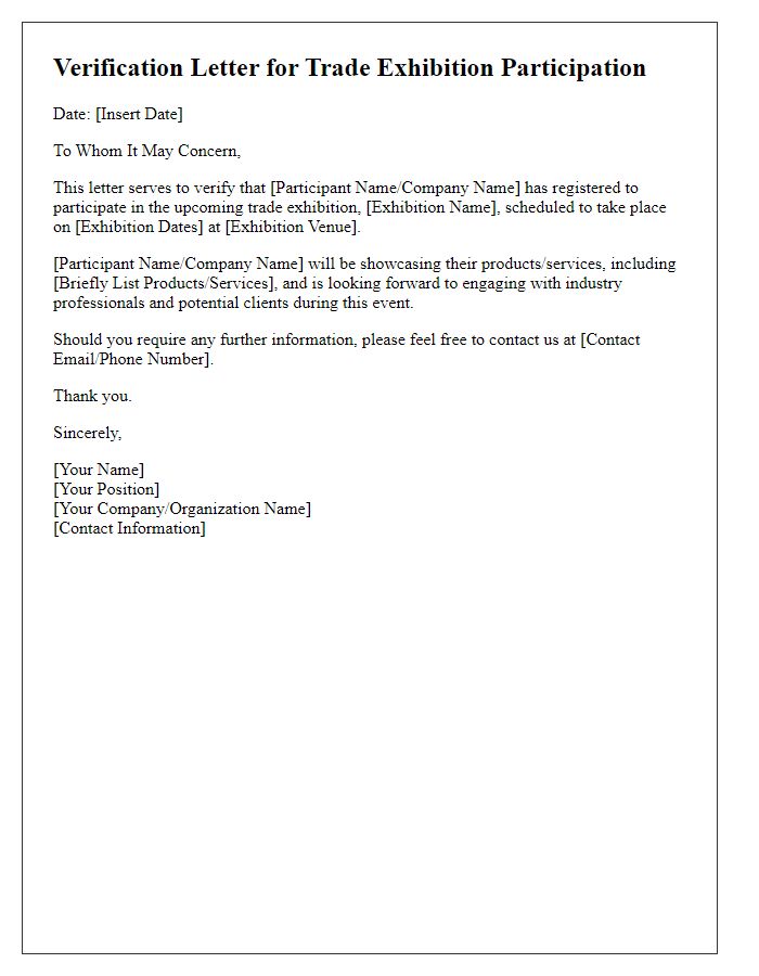 Letter template of verification for joining the trade exhibition.