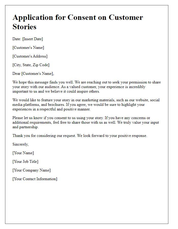 Letter template of application for consent on customer stories