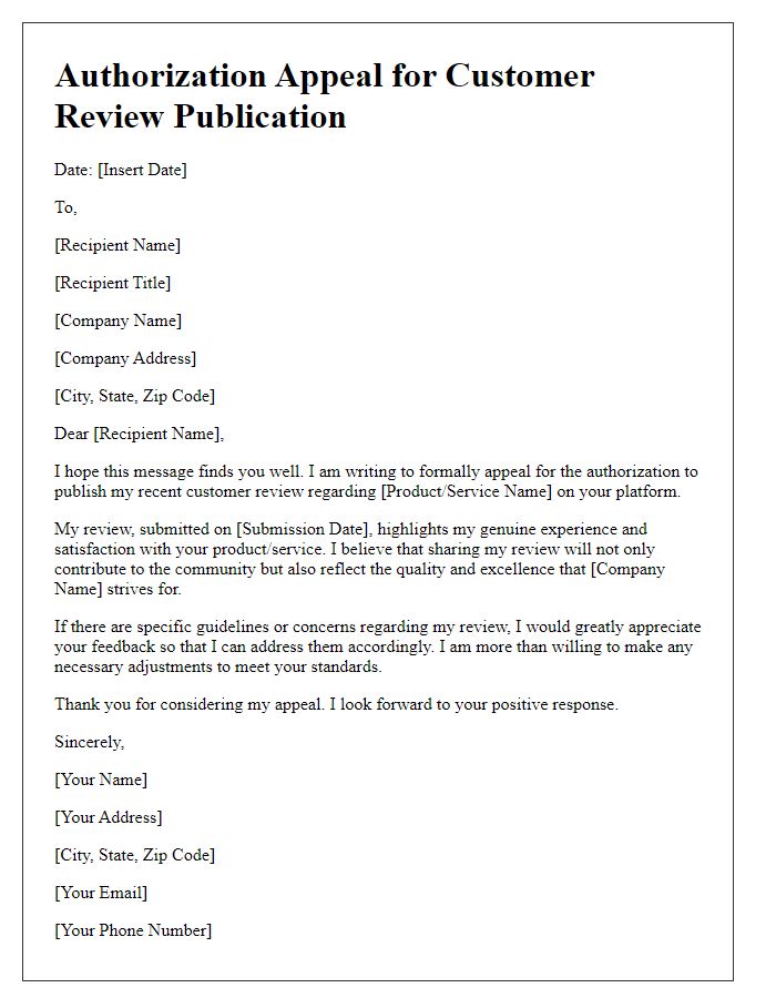 Letter template of authorization appeal for customer review publication