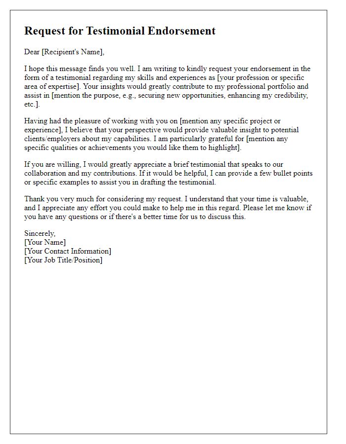 Letter template of formal request for testimonial endorsement