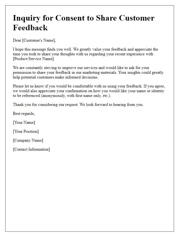 Letter template of inquiry for consent to share customer feedback