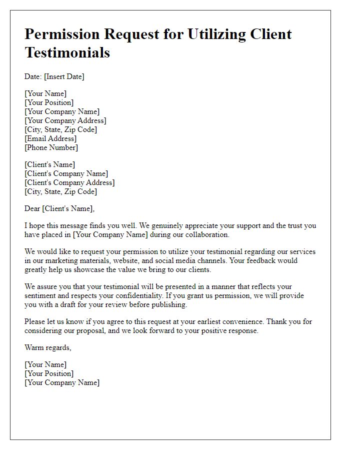 Letter template of permission request for utilizing client testimonials