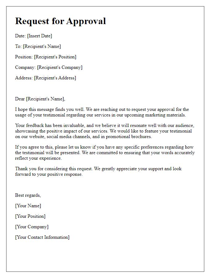 Letter template of request for approval on customer testimonial usage