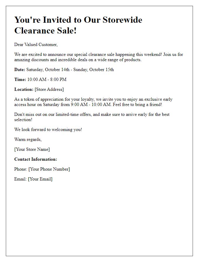 Letter template of special invitation to our storewide clearance sale