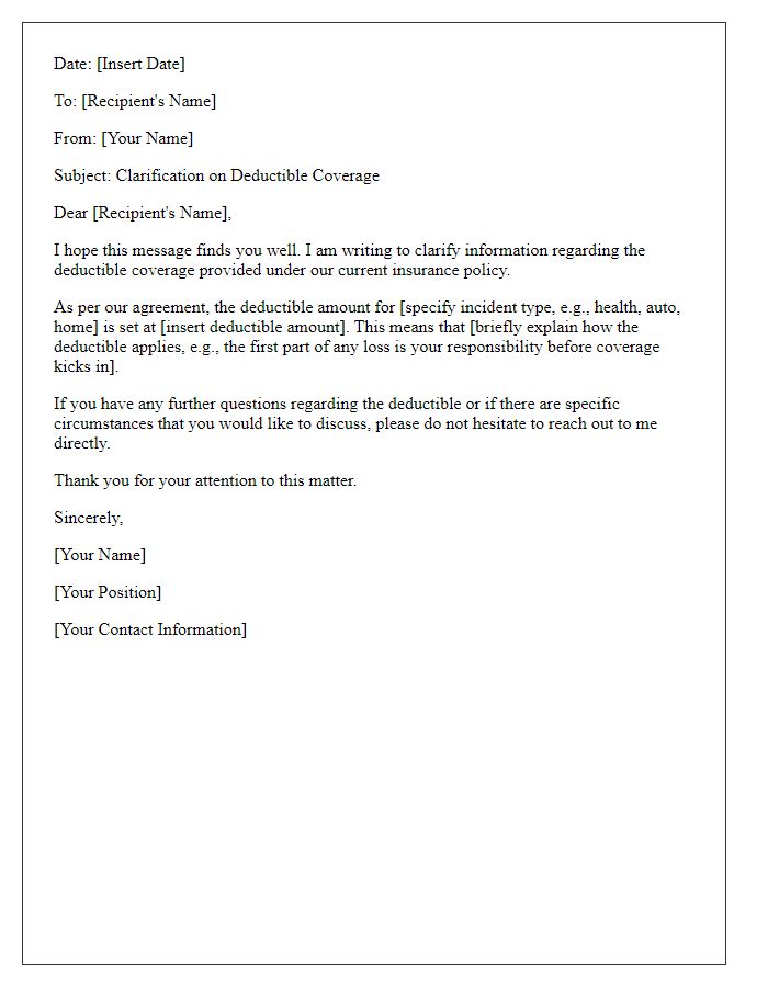 Letter template of clarification on deductible coverage