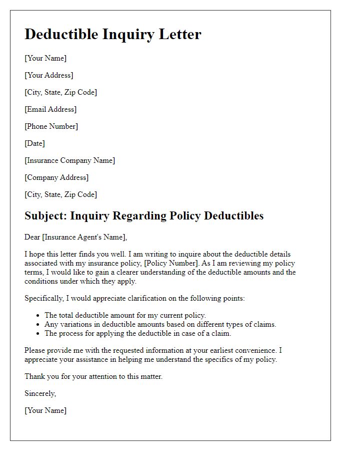 Letter template of formal deductible inquiry for policy details