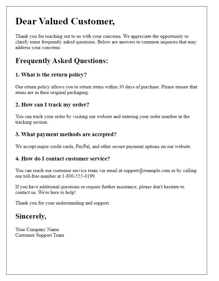 Letter template of FAQ Clarification for Customer Concerns