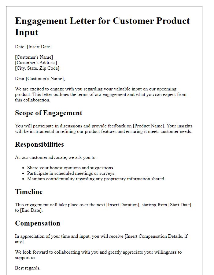 Letter template of Engagement Letter for Customer Product Input