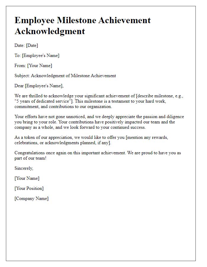 Letter template of Acknowledgment for Employee Milestone Achievement