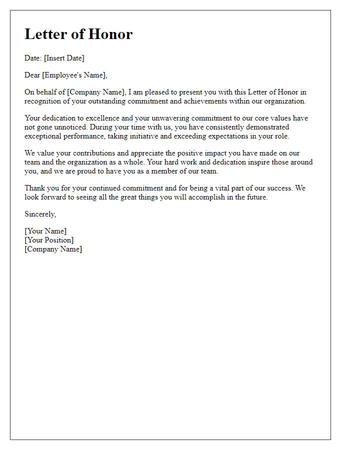 Letter template of Honor for Employee Commitment and Achievement