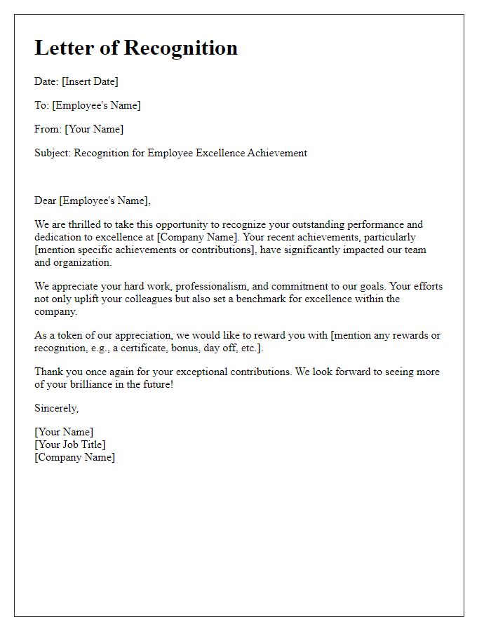 Letter template of Recognition for Employee Excellence Achievement