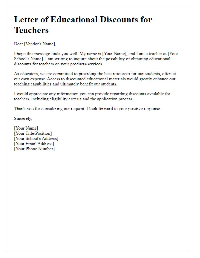 Letter template of educational discounts for teachers