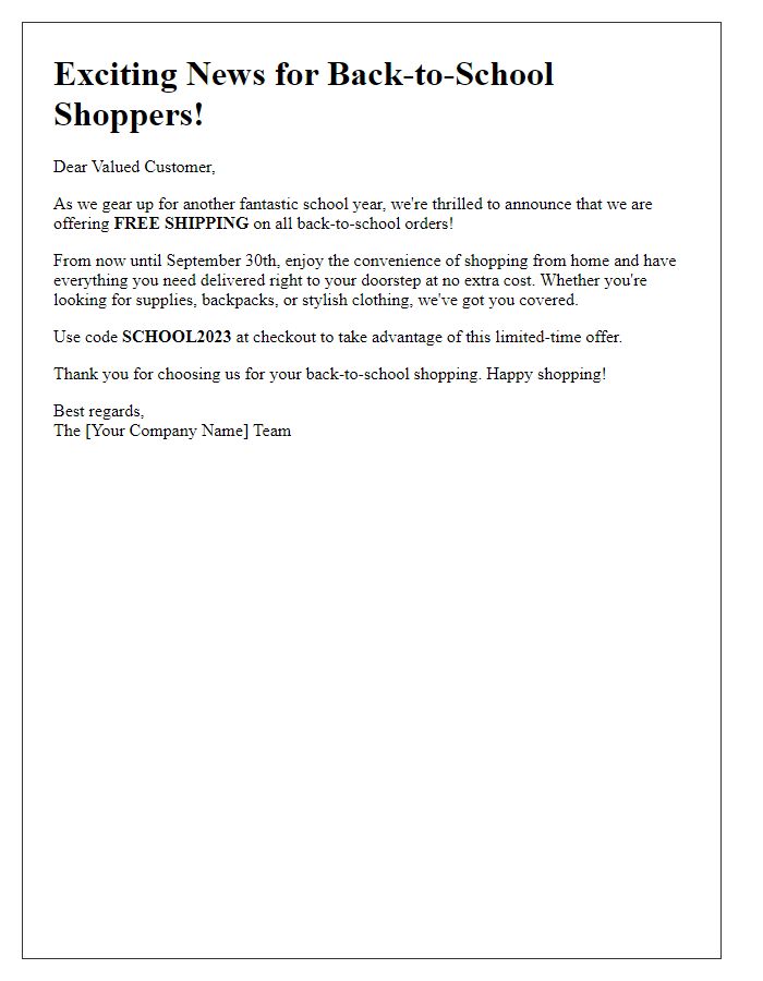 Letter template of free shipping on back-to-school orders