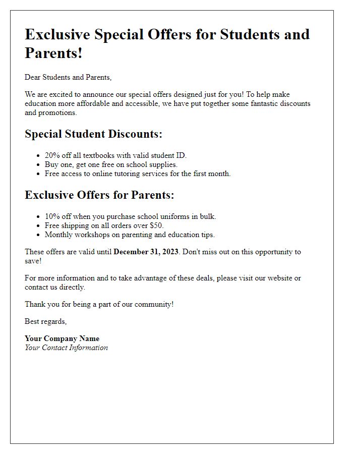 Letter template of special offers for students and parents