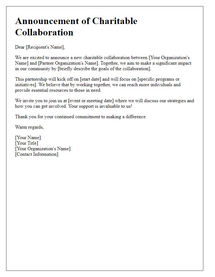 Letter template of charitable collaboration announcement