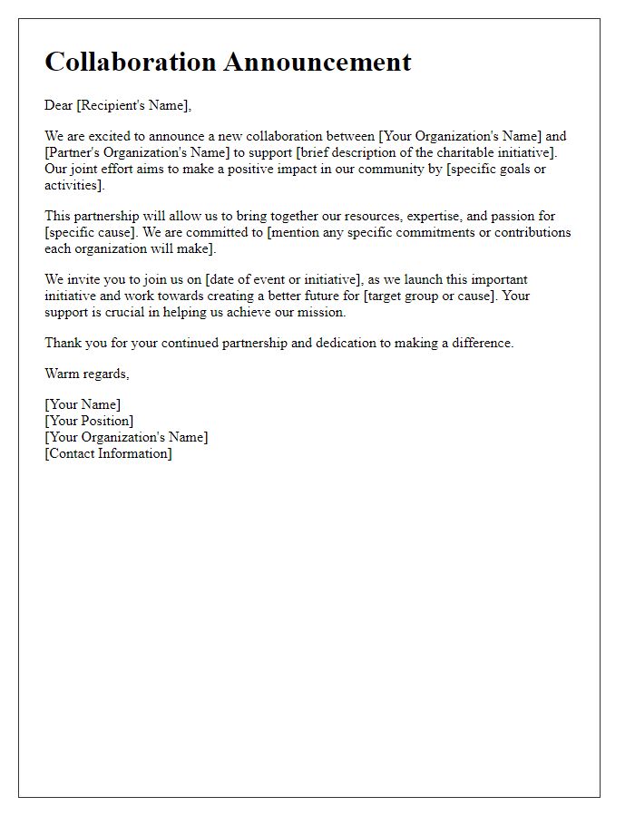 Letter template of collaboration announcement for charitable initiatives