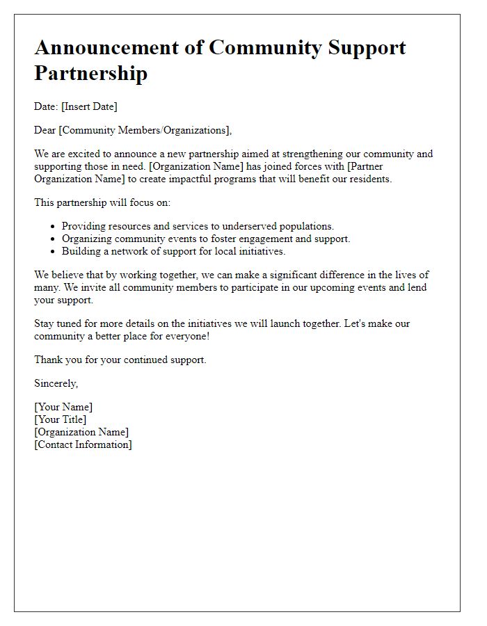 Letter template of community support partnership announcement