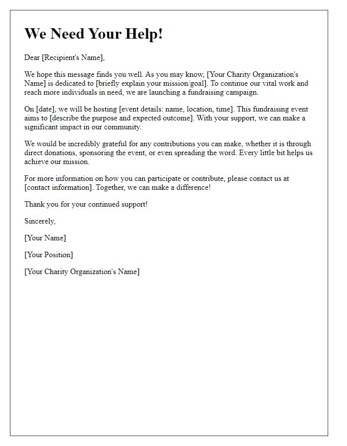 Letter template of fundraising support announcement for charity organization