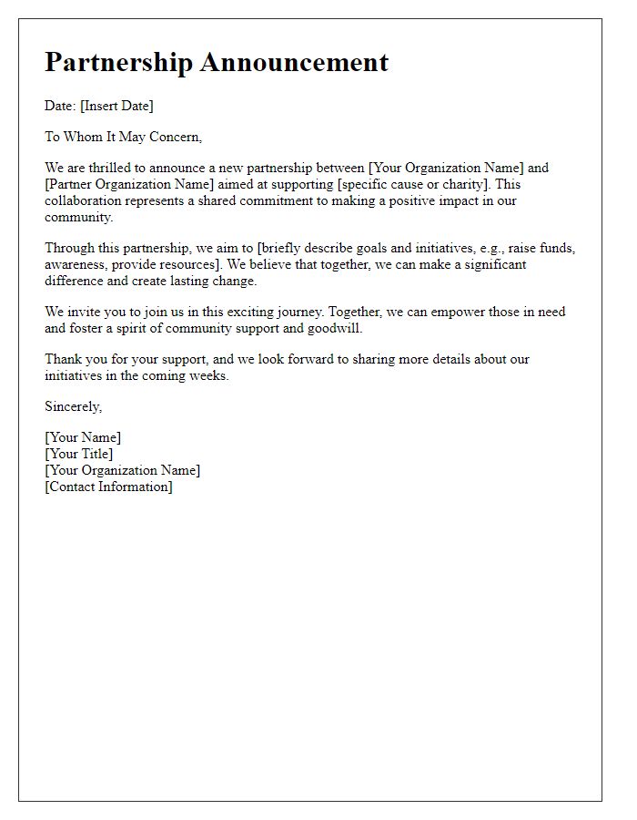 Letter template of partnership announcement for charity support