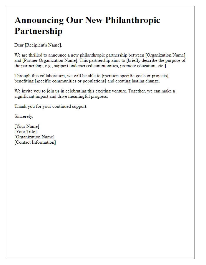 Letter template of philanthropic partnership announcement