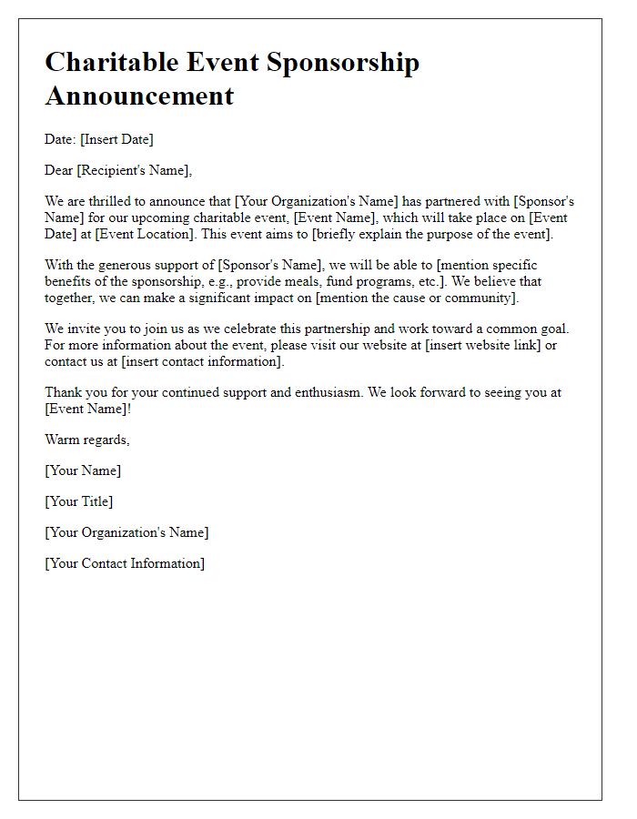 Letter template of sponsorship announcement for charitable events