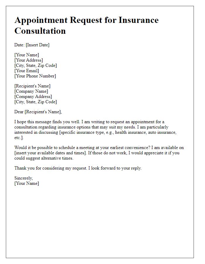 Letter template of appointment request for insurance consultation